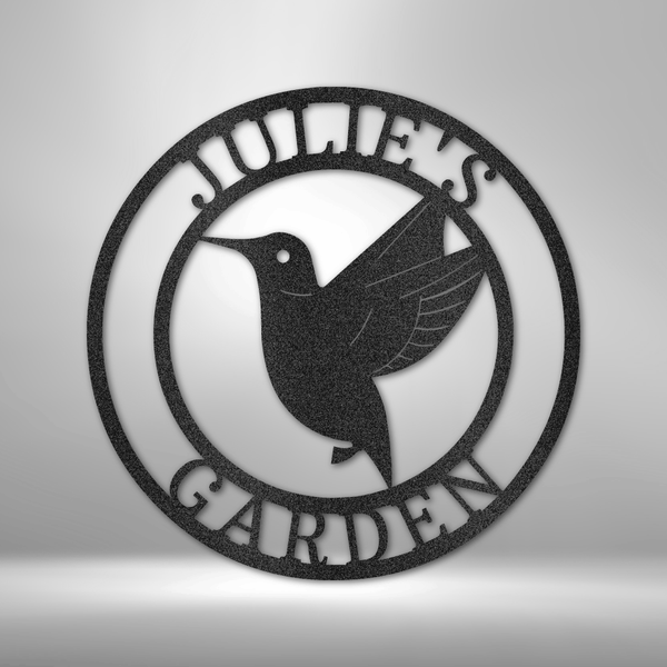 A CUSTOM Handmade Steel Sign with a Humming Bird Monogram, personalized for Jolie's Garden.