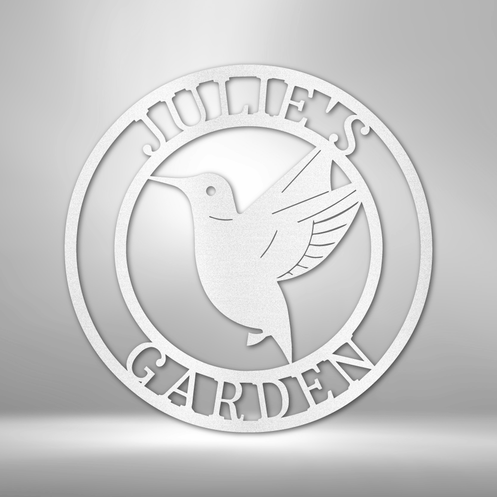 A CUSTOM Handmade Steel Sign with a Humming Bird Monogram, personalized for Jolie's Garden.