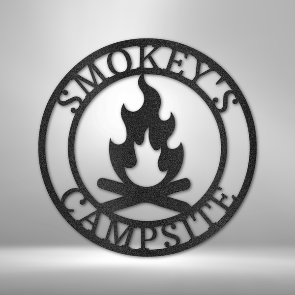 Smokey's Campfire Monogram - Metal Family Wall Art on a brick wall.