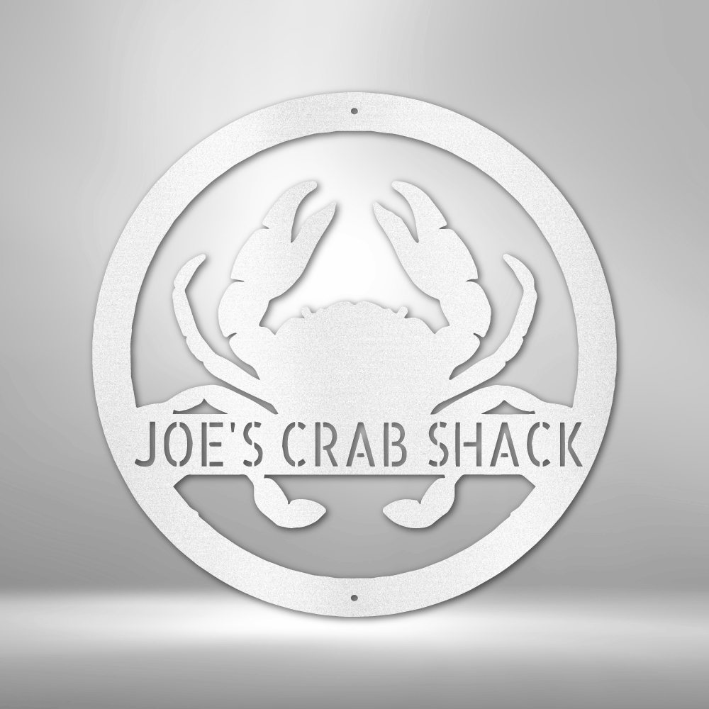 Joe's Unique Metal Art Gifts: Personalized Crab Monogram - Steel Sign on a brick wall.