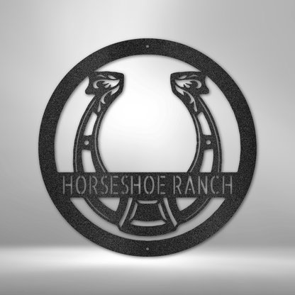 A PERSONALIZED Horseshoe Monogram steel sign with the words zac's ranch, featuring a durable outdoor metal design.