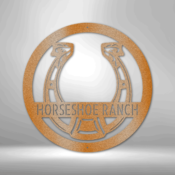 A PERSONALIZED Horseshoe Monogram steel sign with the words zac's ranch, featuring a durable outdoor metal design.
