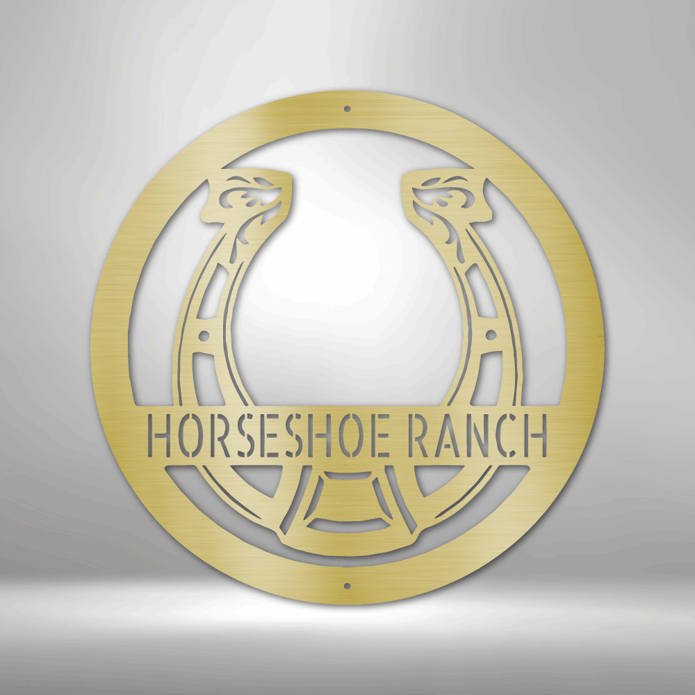 A PERSONALIZED Horseshoe Monogram steel sign with the words zac's ranch, featuring a durable outdoor metal design.