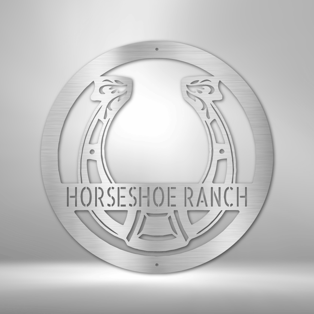 A PERSONALIZED Horseshoe Monogram steel sign with the words zac's ranch, featuring a durable outdoor metal design.