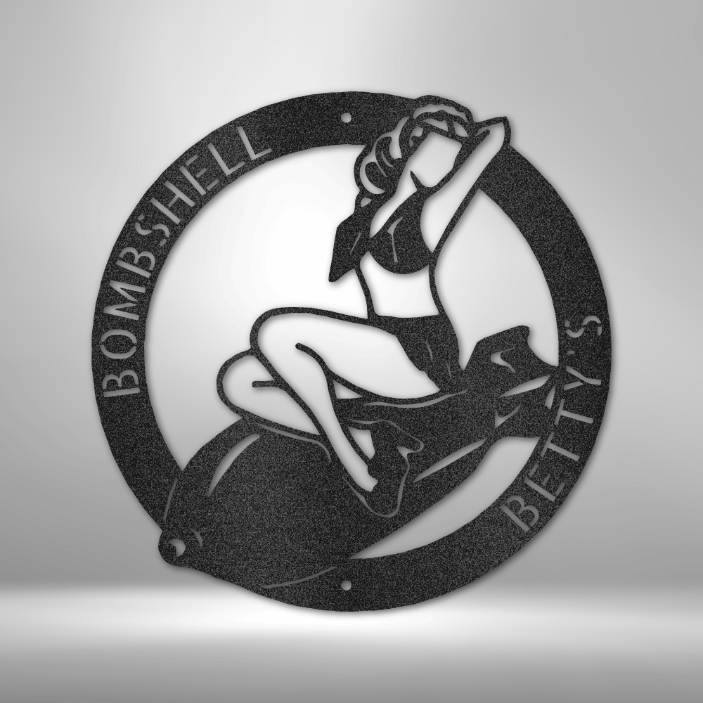 A unique metal art gift featuring a durable outdoor metal sign of a woman riding a bike on a brick wall.