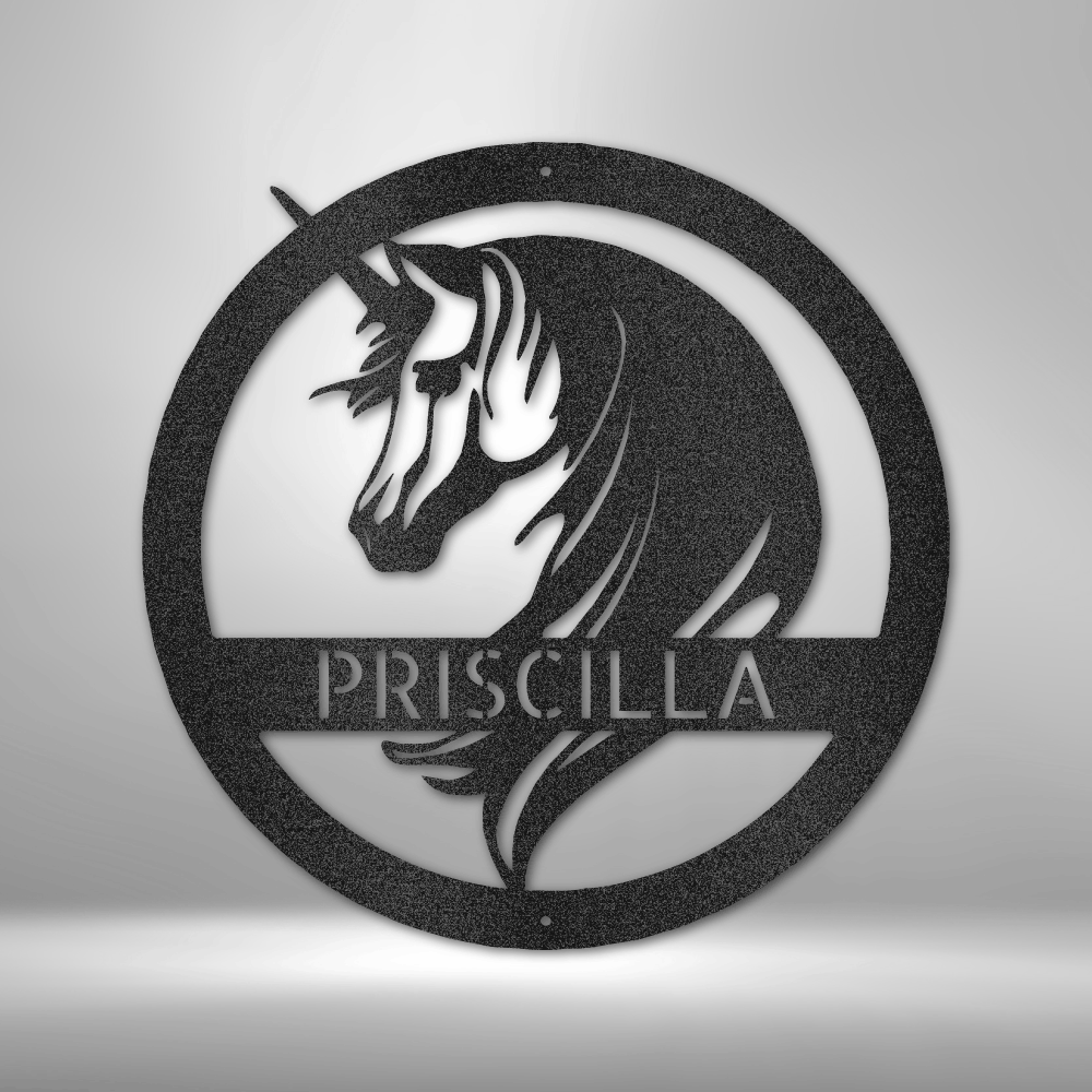 A custom metal wall art piece with the product name "Unicorn Monogram - Steel Sign home decor" on it.