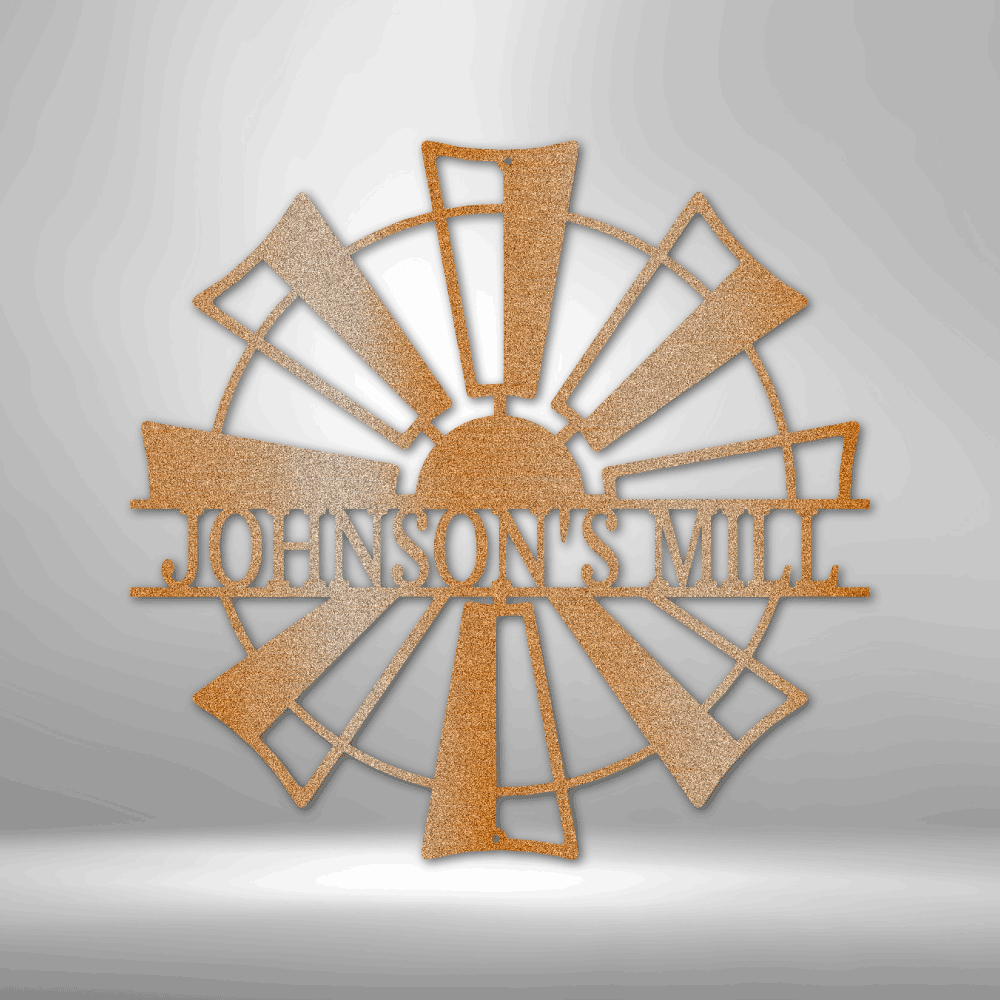 The Windmill Monogram - Durable Outdoor Metal Sign on a brick wall.