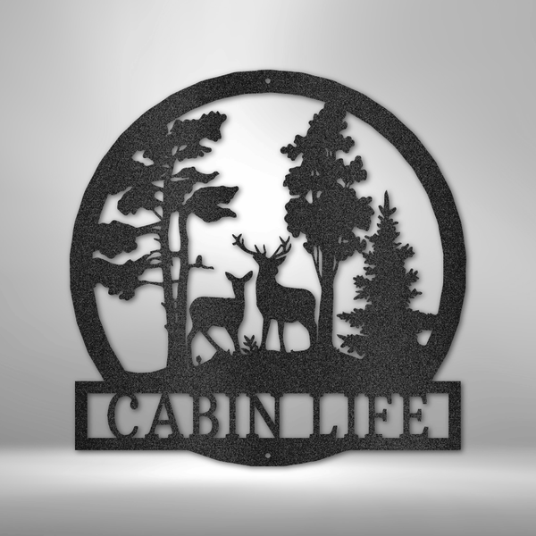 The Durable PERSONALIZED Deer in the Woods - Steel Sign cabin metal sign on a brick wall.