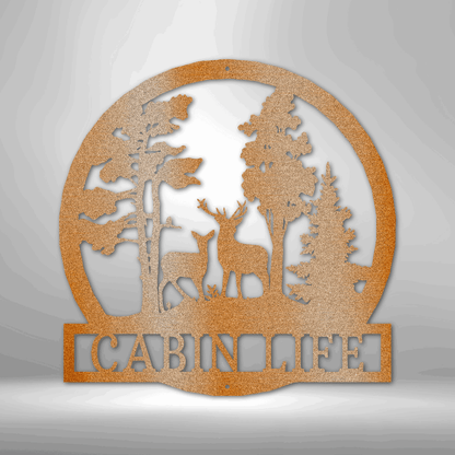 The Durable PERSONALIZED Deer in the Woods - Steel Sign cabin metal sign on a brick wall.