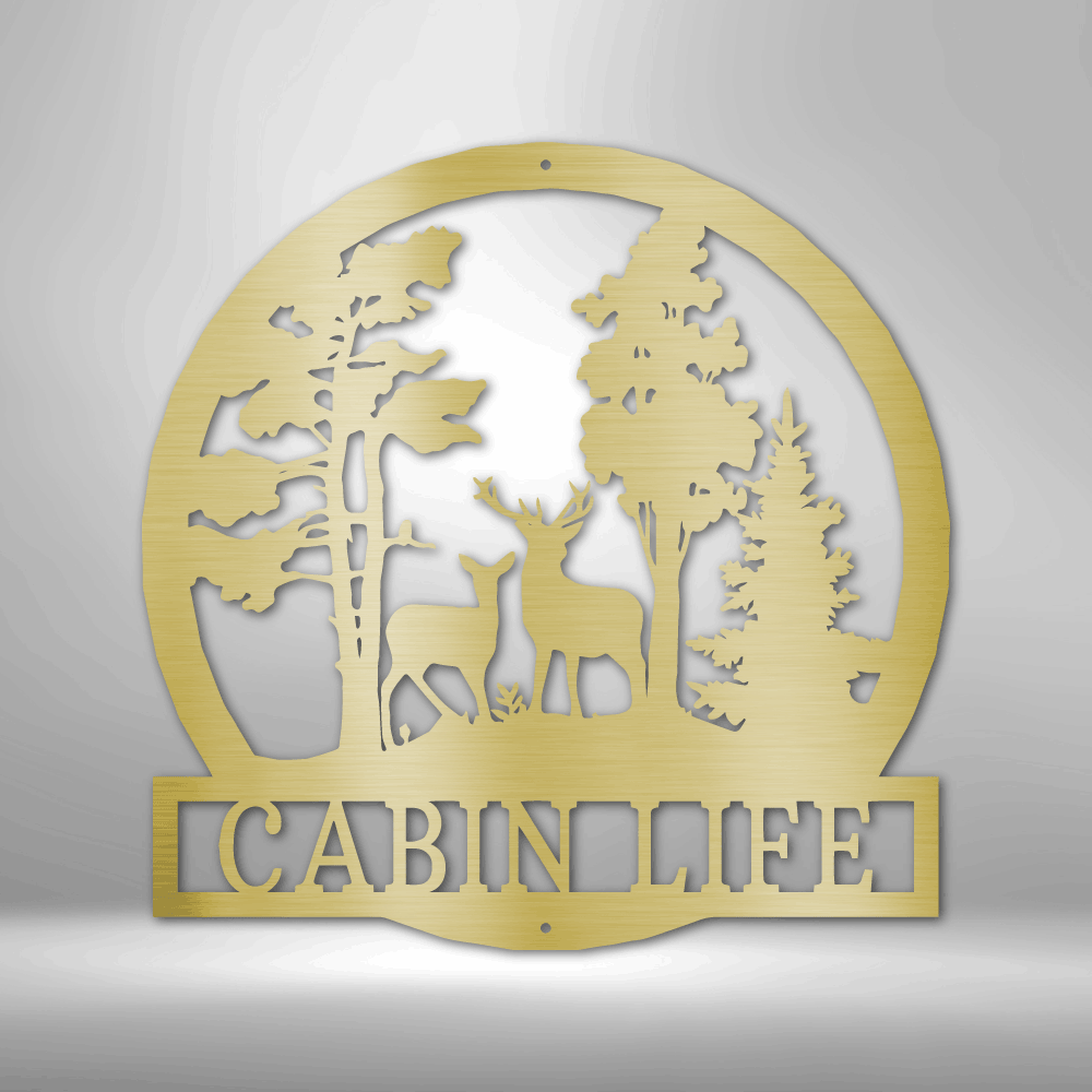 The Durable PERSONALIZED Deer in the Woods - Steel Sign cabin metal sign on a brick wall.