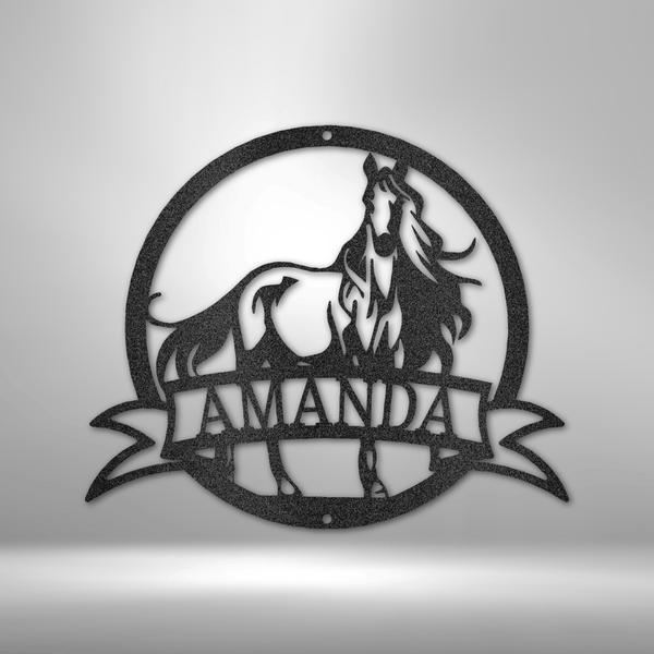 A Unique Personalized Metal Wall Art Decor featuring a Majestic Horse Monogram with the name Amanda on a brick wall.