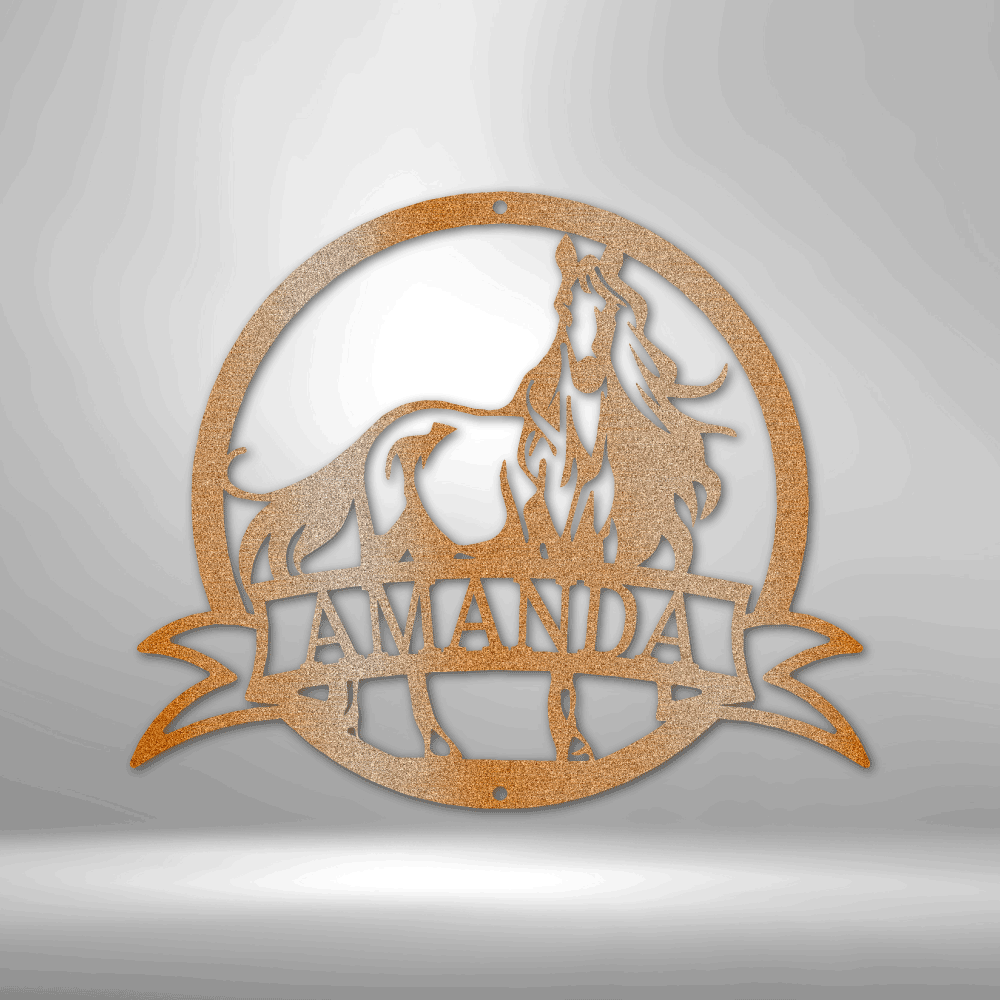 A Unique Personalized Metal Wall Art Decor featuring a Majestic Horse Monogram with the name Amanda on a brick wall.