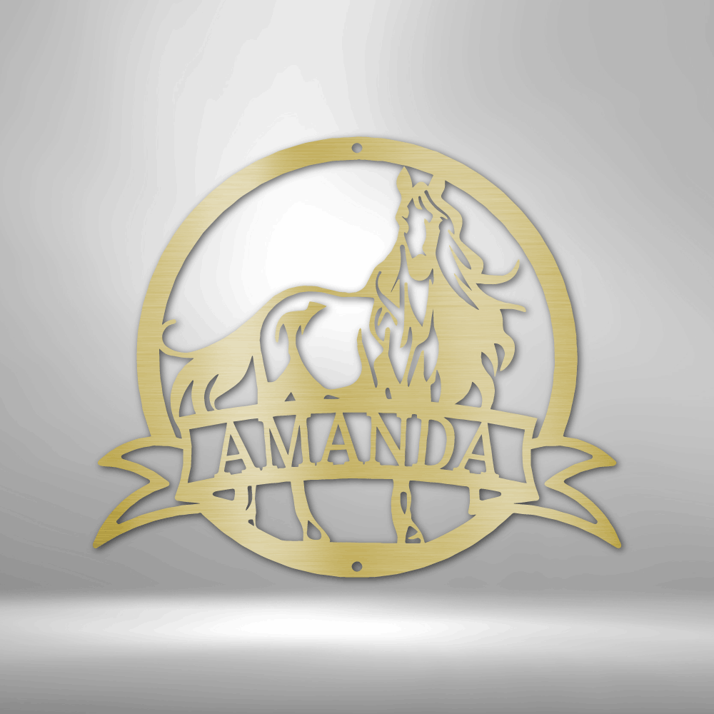 A Unique Personalized Metal Wall Art Decor featuring a Majestic Horse Monogram with the name Amanda on a brick wall.