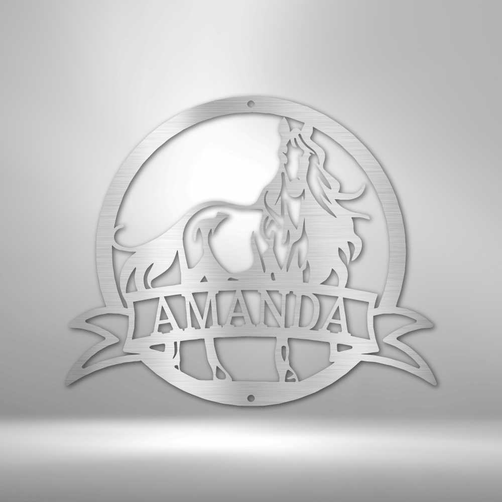 A Unique Personalized Metal Wall Art Decor featuring a Majestic Horse Monogram with the name Amanda on a brick wall.