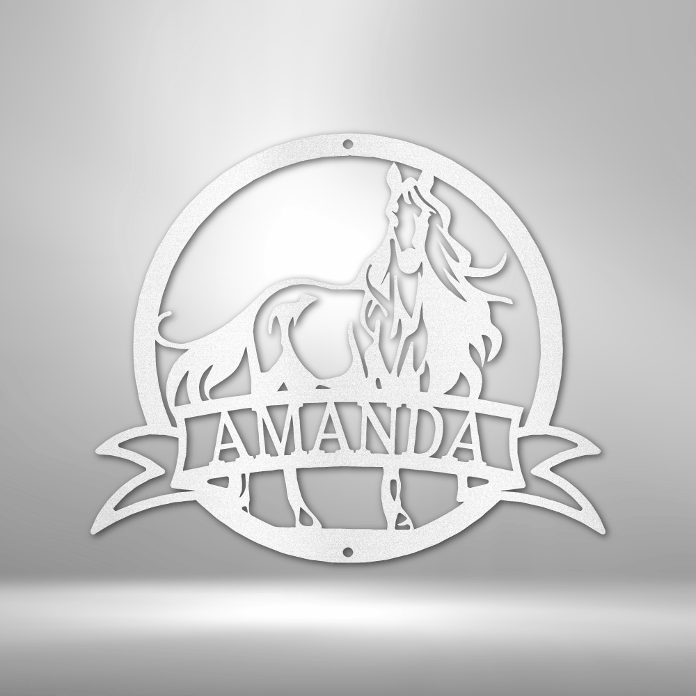 A Unique Personalized Metal Wall Art Decor featuring a Majestic Horse Monogram with the name Amanda on a brick wall.