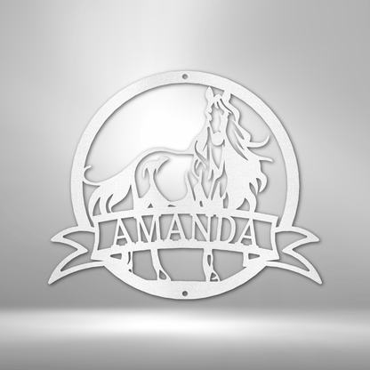 A Unique Personalized Metal Wall Art Decor featuring a Majestic Horse Monogram with the name Amanda on a brick wall.