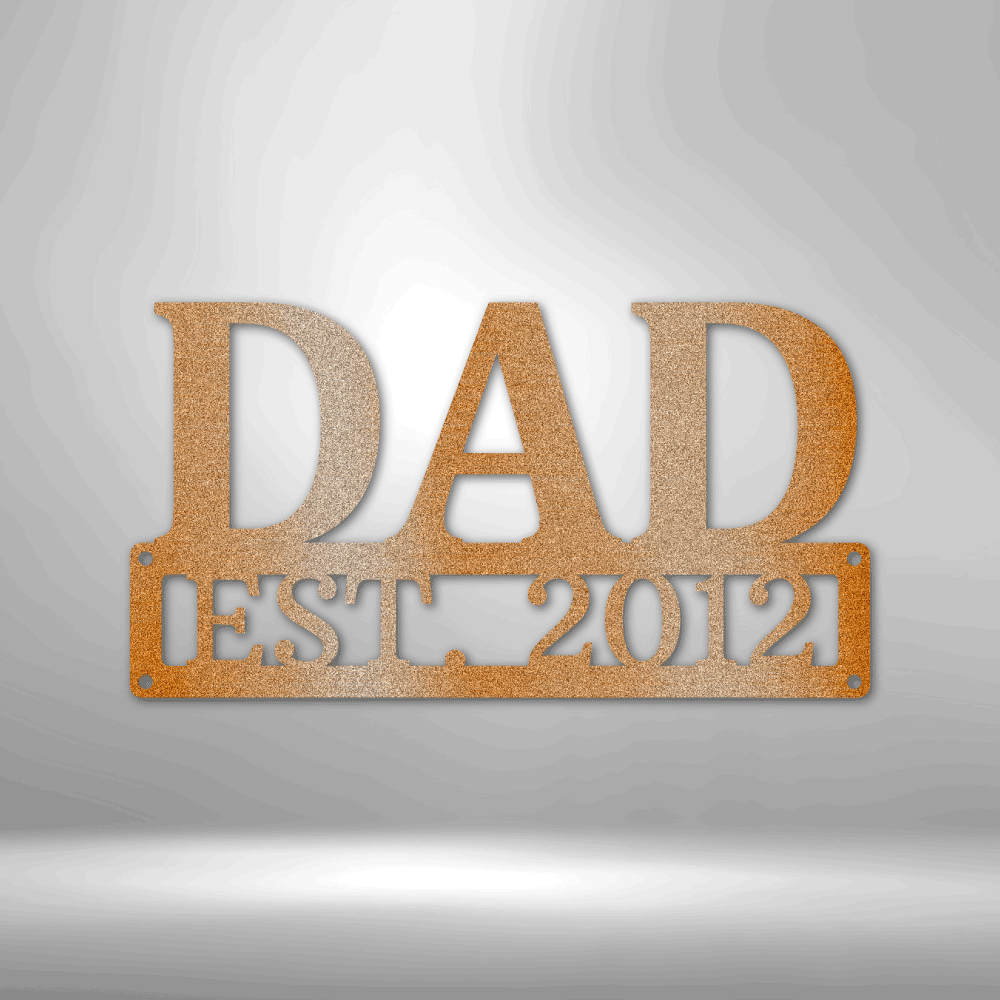 A PERSONALIZED Dad Monogram - Durable Outdoor Metal Sign with the word dad on it against a brick wall.