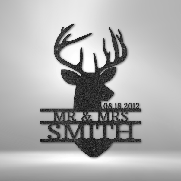 A PERSONALIZED Metal Wall Art Decor featuring a Deer Head Monogram - Steel Sign with the names Anna and Benjamin Smith, perfect for both indoor and outdoor use.