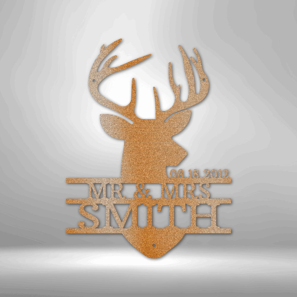 A PERSONALIZED Metal Wall Art Decor featuring a Deer Head Monogram - Steel Sign with the names Anna and Benjamin Smith, perfect for both indoor and outdoor use.