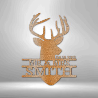 A PERSONALIZED Metal Wall Art Decor featuring a Deer Head Monogram - Steel Sign with the names Anna and Benjamin Smith, perfect for both indoor and outdoor use.