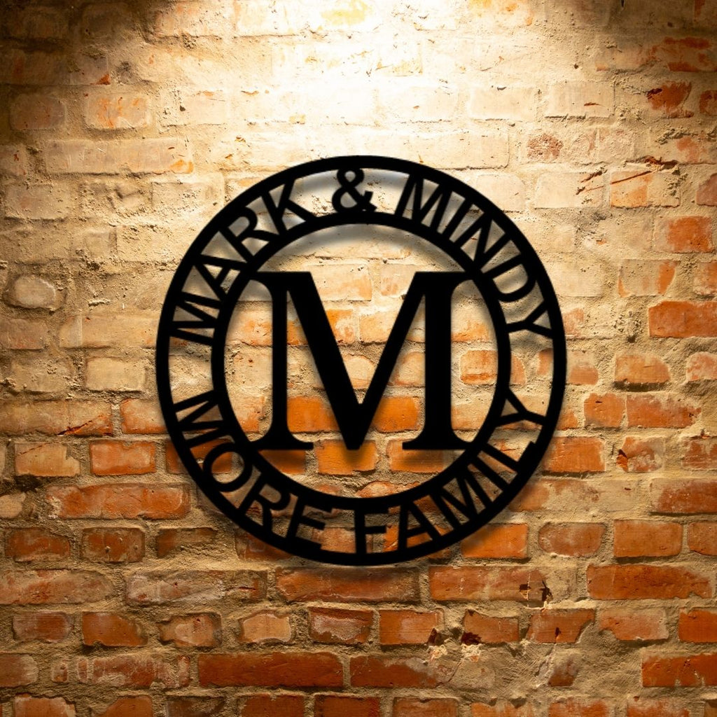 The Durable Outdoor Metal PERSONALIZED STEEL MONOGRAM sign, Custom Handmade Design, displays the name mark and mindy on a brick wall.