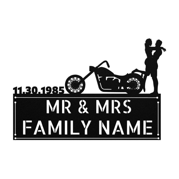 Personalized MR&MRS ANNIVERSARY HARLEY-DAVIDSON COUPLE SET 28 family name sign, a unique and durable outdoor metal sign, perfect as a personalized family gift.