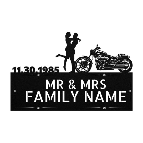 Personalized MR&MRS ANNIVERSARY HARLEY-DAVIDSON COUPLE SET 25 family name sign with durable outdoor metal design.