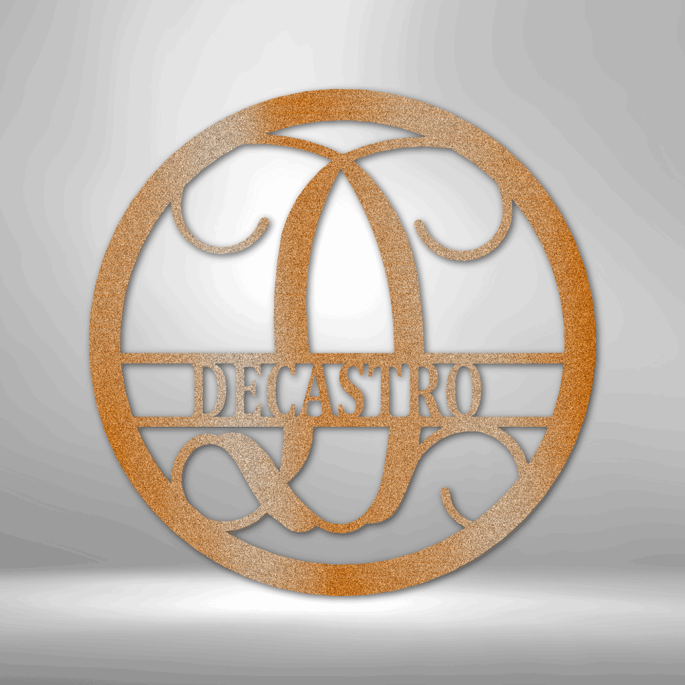 A PERSONALIZED Circle Vine Monogram - Steel Sign with the name decastro hanging on a brick wall as Metal Wall Art Decor