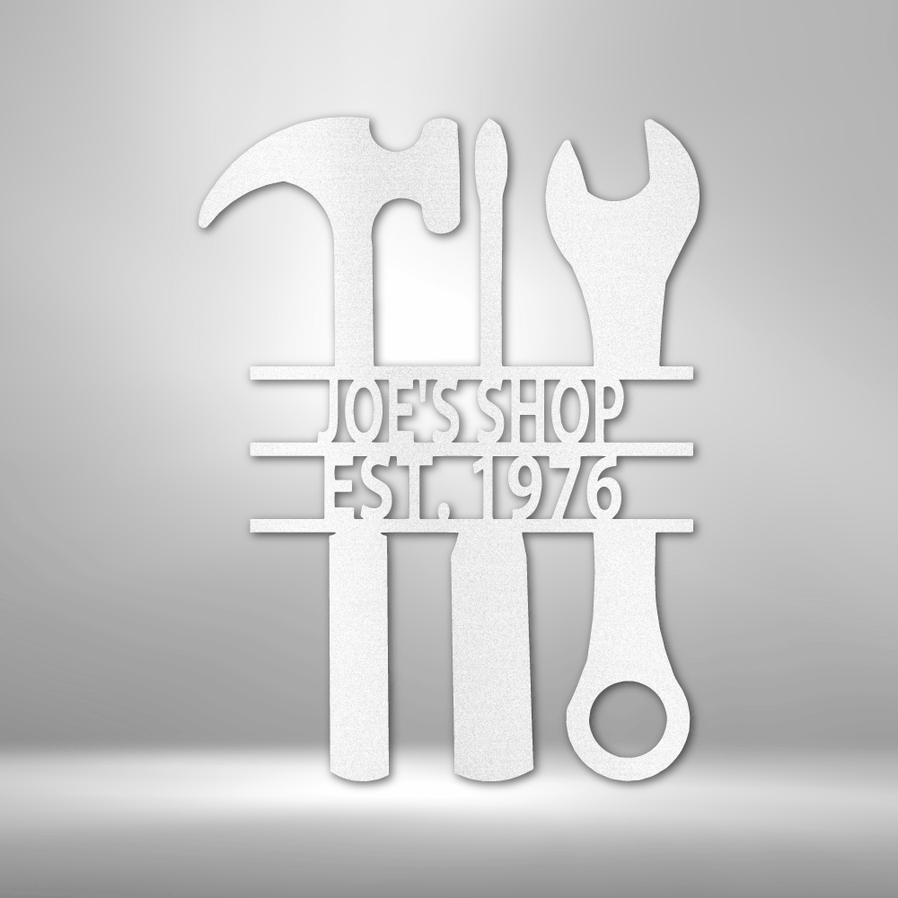 Joe's shop sign featuring personalized and custom handmade metal art gifts.