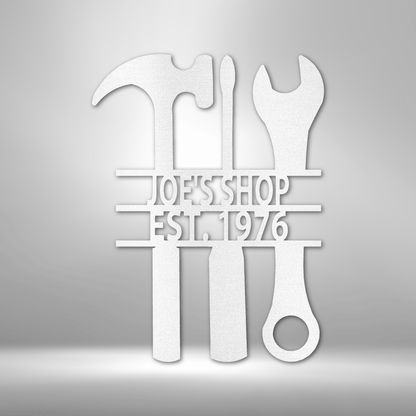 Joe's shop sign featuring personalized and custom handmade metal art gifts.