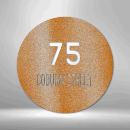 A PERSONALIZED Circle Metal Wall Art Decor with the word main street, perfect for Unique Metal Art Gifts.