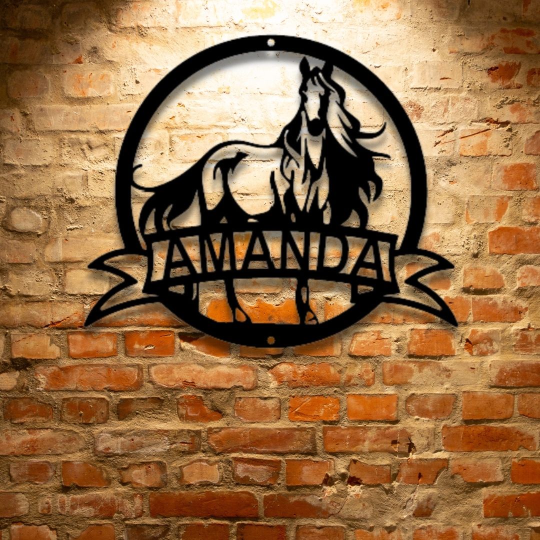 A Unique Personalized Metal Wall Art Decor featuring a Majestic Horse Monogram with the name Amanda on a brick wall.