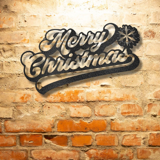 The "Merry Christmas Quote - Steel Sign" showcases a snowflake design, expertly laser cut and finished with a powder-coated coating, set against a textured brick wall backdrop.