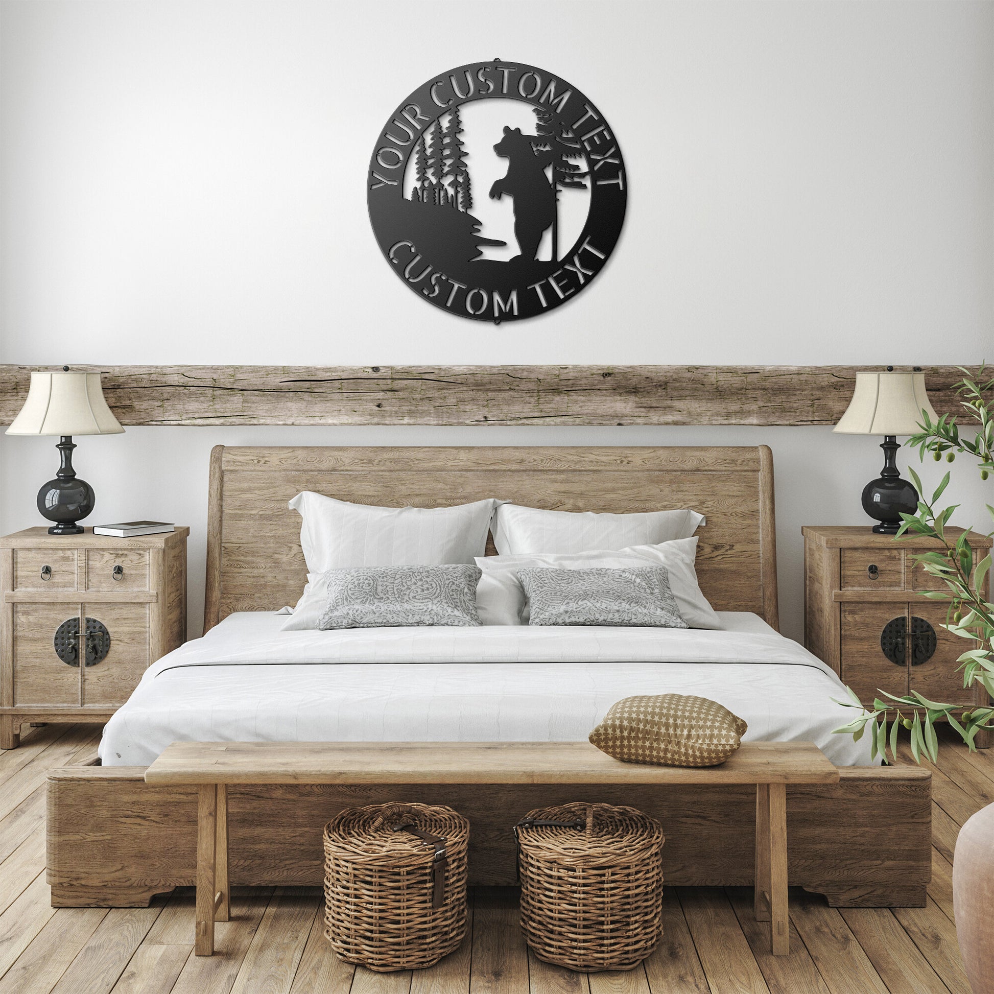 A black BEAR METAL SIGN - Customized Bear Established Steel Monogram Wall Sign on a wood surface, creating Personalized Family Signs.