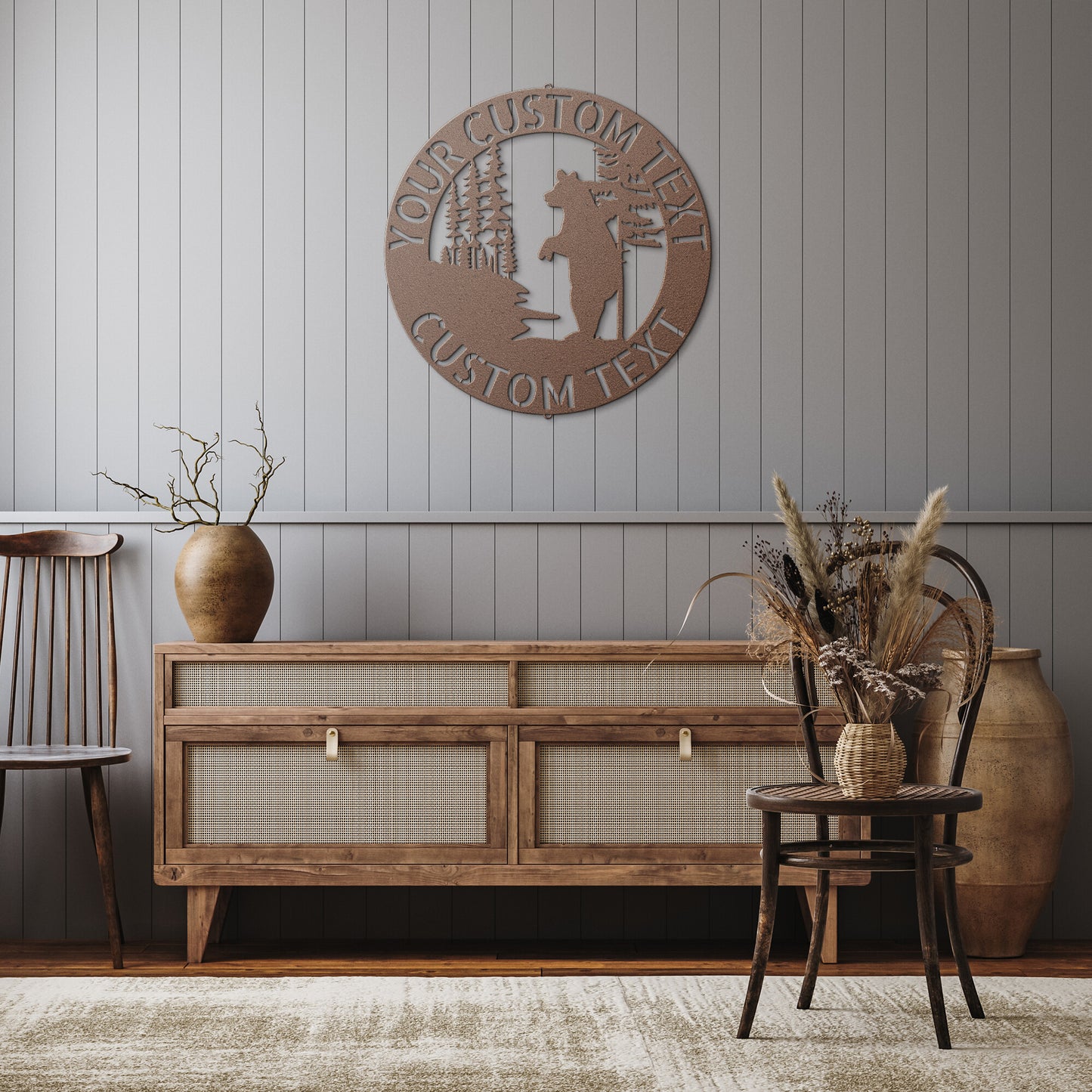 A black BEAR METAL SIGN - Customized Bear Established Steel Monogram Wall Sign on a wood surface, creating Personalized Family Signs.