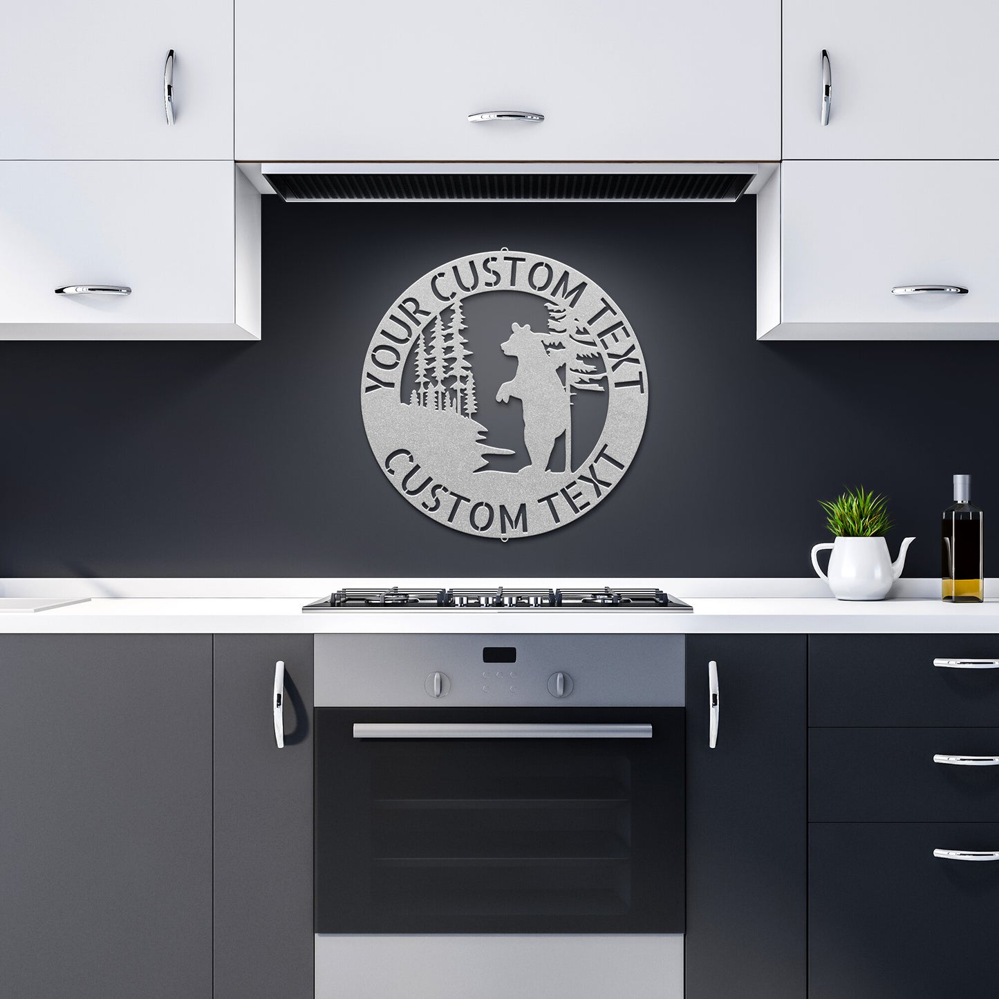 A black BEAR METAL SIGN - Customized Bear Established Steel Monogram Wall Sign on a wood surface, creating Personalized Family Signs.