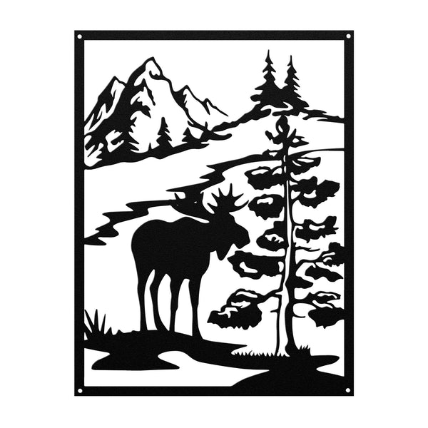 A Custom Handmade Steel Monogram of a Moose in the Snow, serving as a Unique Metal Art Gift and above the bed wall decor, set amidst trees and mountains in the woods.