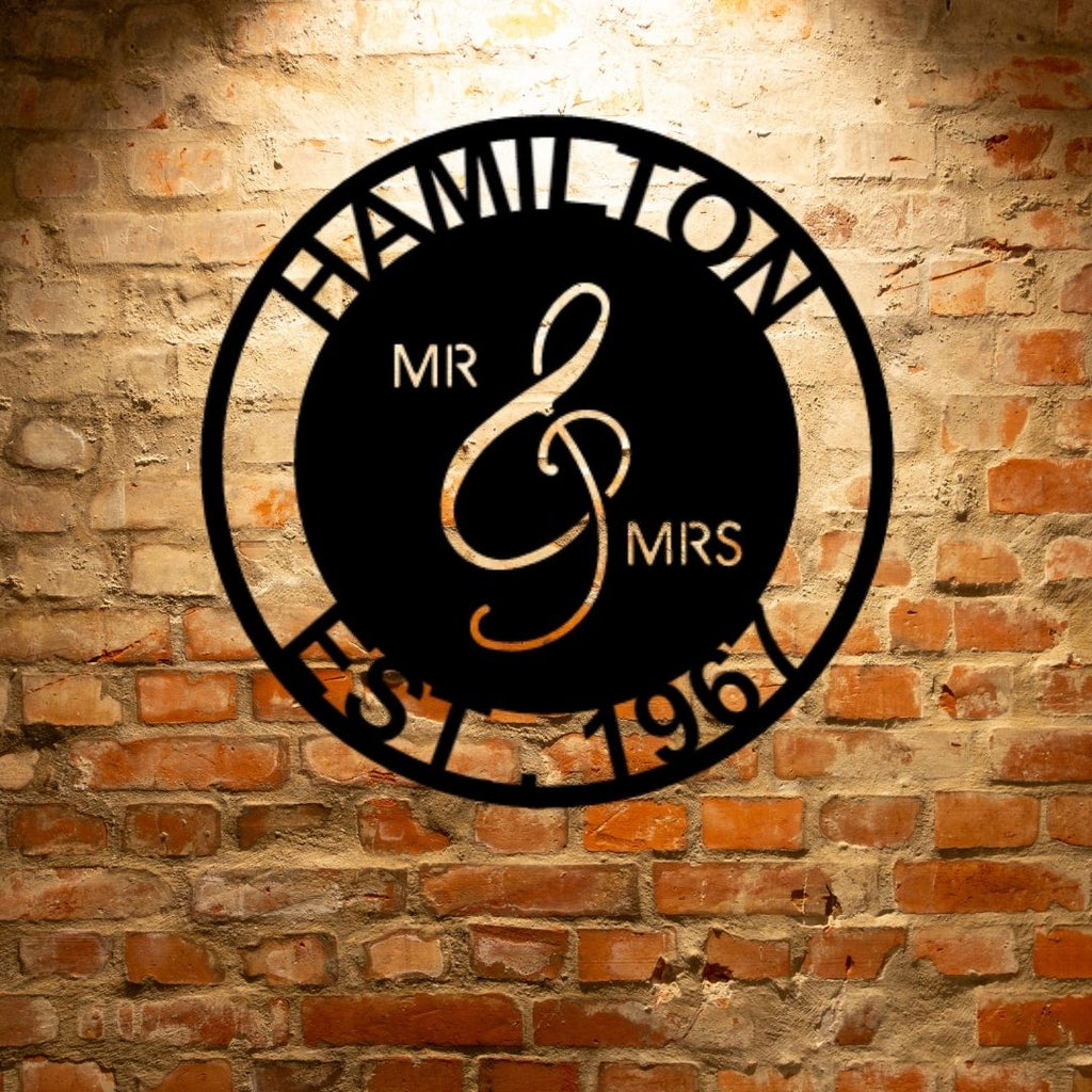 Hamilton PERSONALIZED Mr. and Mrs. - Steel Sign - wedding sign featuring Personalized Steel Monogram for Durable Outdoor Metal Signs.