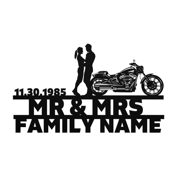 Durable metal anniversary sign for Harley-Davidson couple.