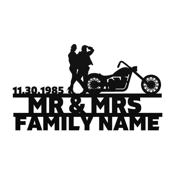 Customize your metal wall art decor with a personalized steel monogram of Mr&Mrs ANNIVERSARY Harley-Davidson couple Set 06 family name sign.