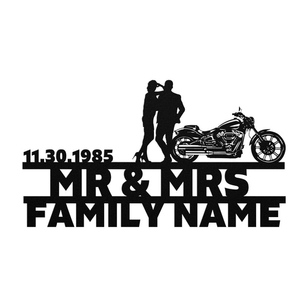 Personalized Mr&Mrs ANNIVERSARY Harley-Davidson couple Set 10 family name sign featuring custom handmade designs and unique metal art gifts.