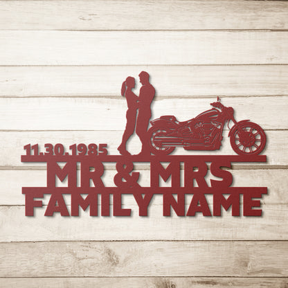 Durable metal anniversary sign for Harley-Davidson couple.