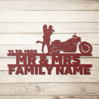 Personalized Mr&Mrs ANNIVERSARY Harley-Davidson couple Set 16 family name sign made of durable outdoor metal, a unique metal art gift.