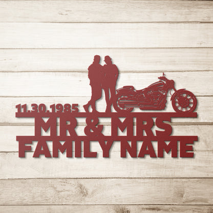 Personalized Mr&Mrs ANNIVERSARY Harley-Davidson couple Set 11 family name sign with unique metal art gifts.