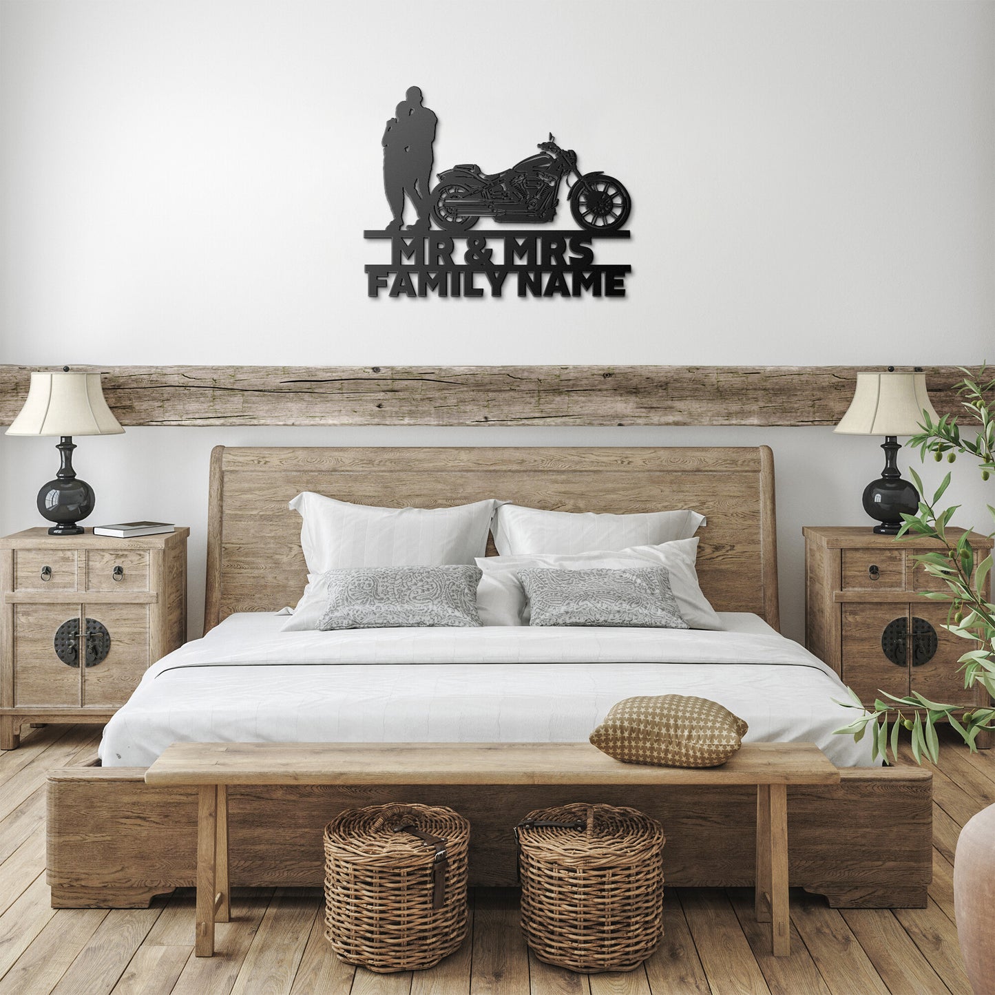 A personalized metal family wall art featuring a silhouette of a Mr&Mrs Harley-Davidson couple SET 13 on a brick wall.