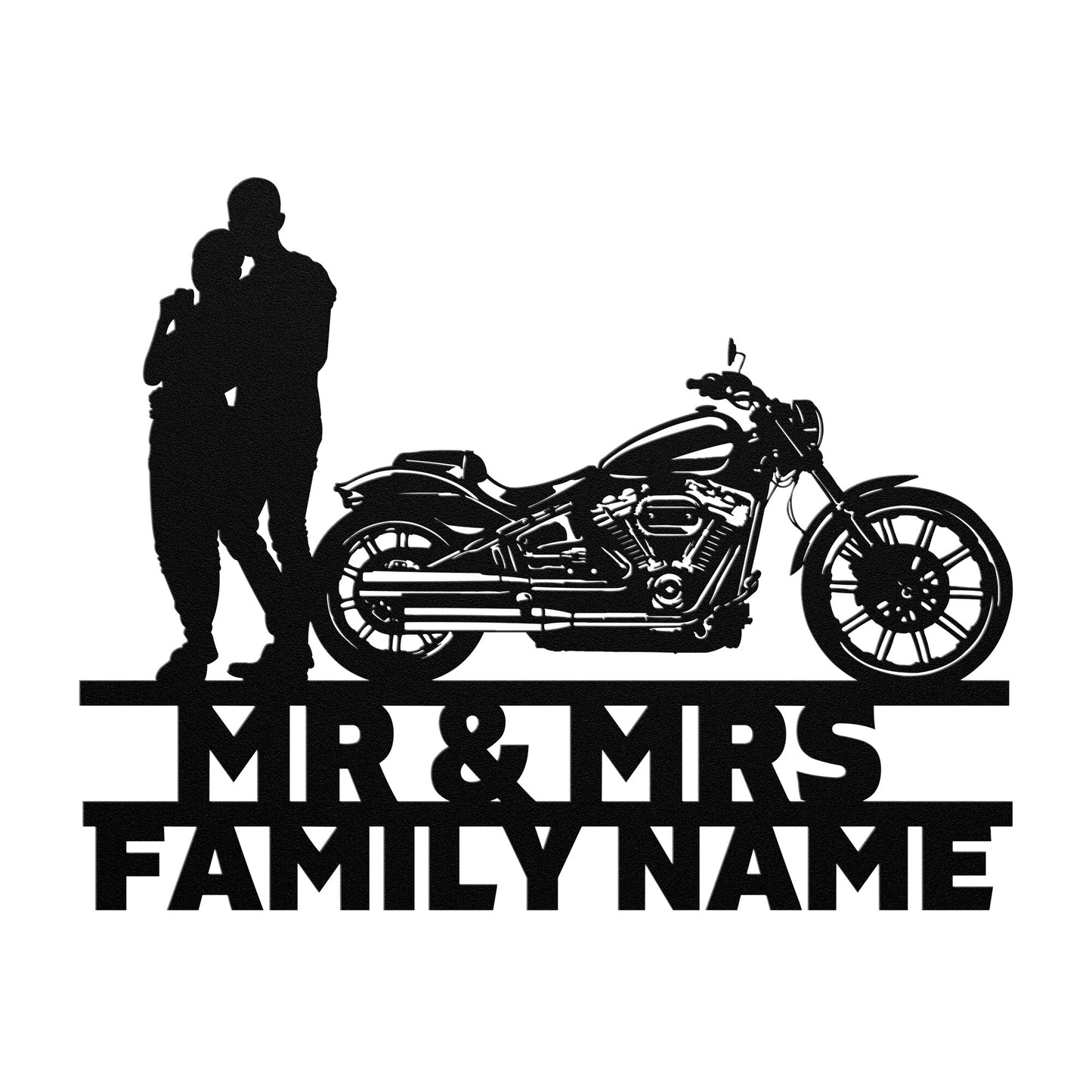 A personalized metal family wall art featuring a silhouette of a Mr&Mrs Harley-Davidson couple SET 13 on a brick wall.