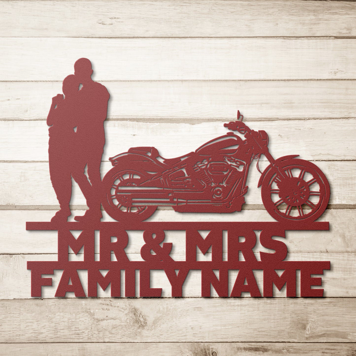 A personalized metal family wall art featuring a silhouette of a Mr&Mrs Harley-Davidson couple SET 13 on a brick wall.