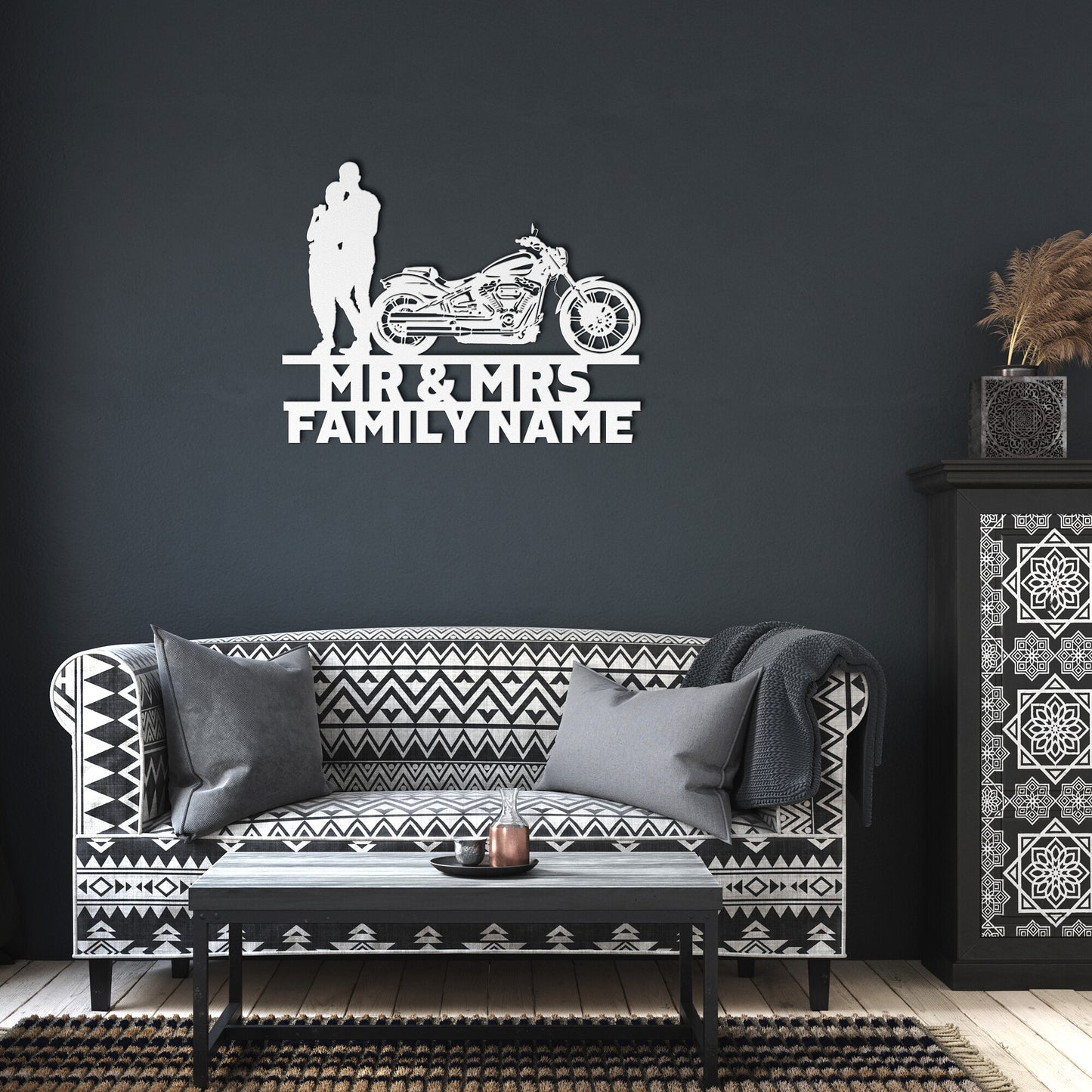 A personalized metal family wall art featuring a silhouette of a Mr&Mrs Harley-Davidson couple SET 13 on a brick wall.