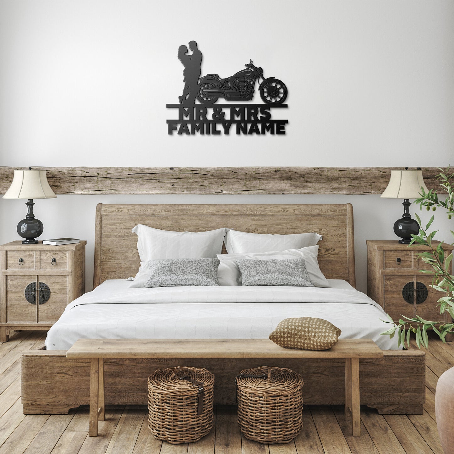 A silhouette of a Mr&Mrs Harley-Davidson couple SET 19, personalized with custom family name signs and crafted from metal for wall art.