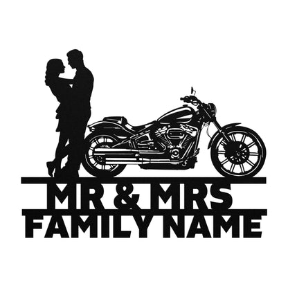 A silhouette of a Mr&Mrs Harley-Davidson couple SET 19, personalized with custom family name signs and crafted from metal for wall art.